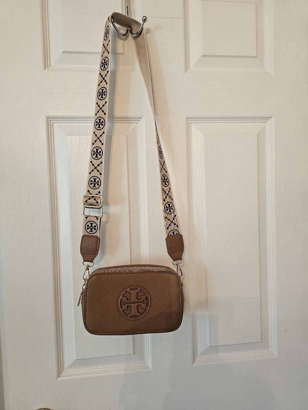 Tory Burch Tan Crossbody Camera Bag with Beige Logo Strap